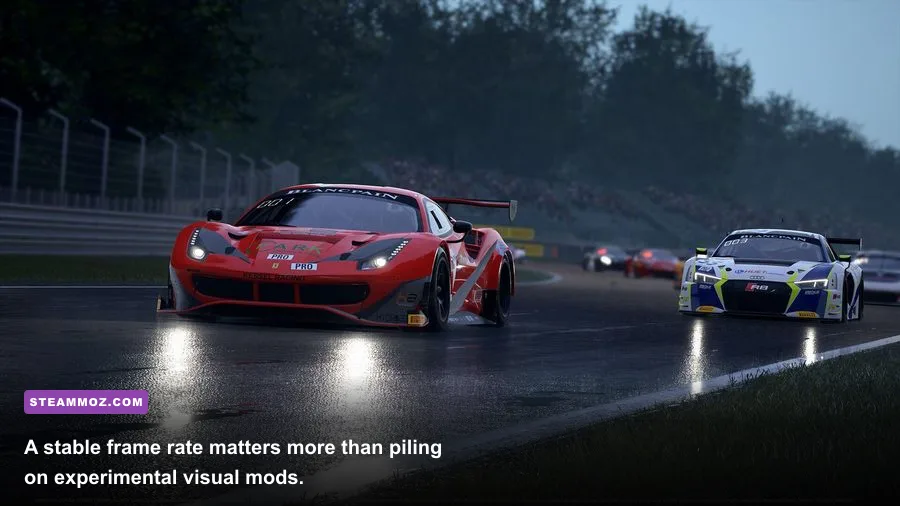 Assetto Corsa Competizione cockpit view at Monza on a gaming PC