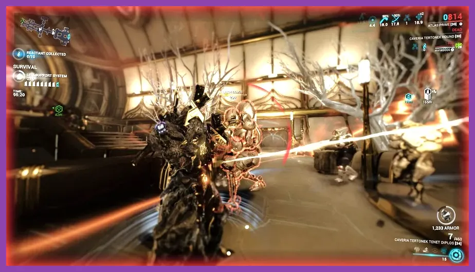 Warframe character fighting Corrupted enemies in a Void tileset