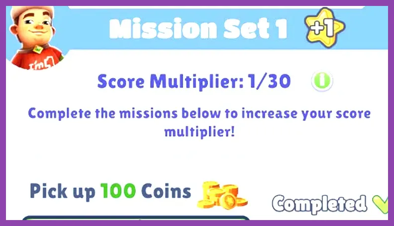 Subway Surfers mission panel showing progress toward the maximum x30 score multiplier