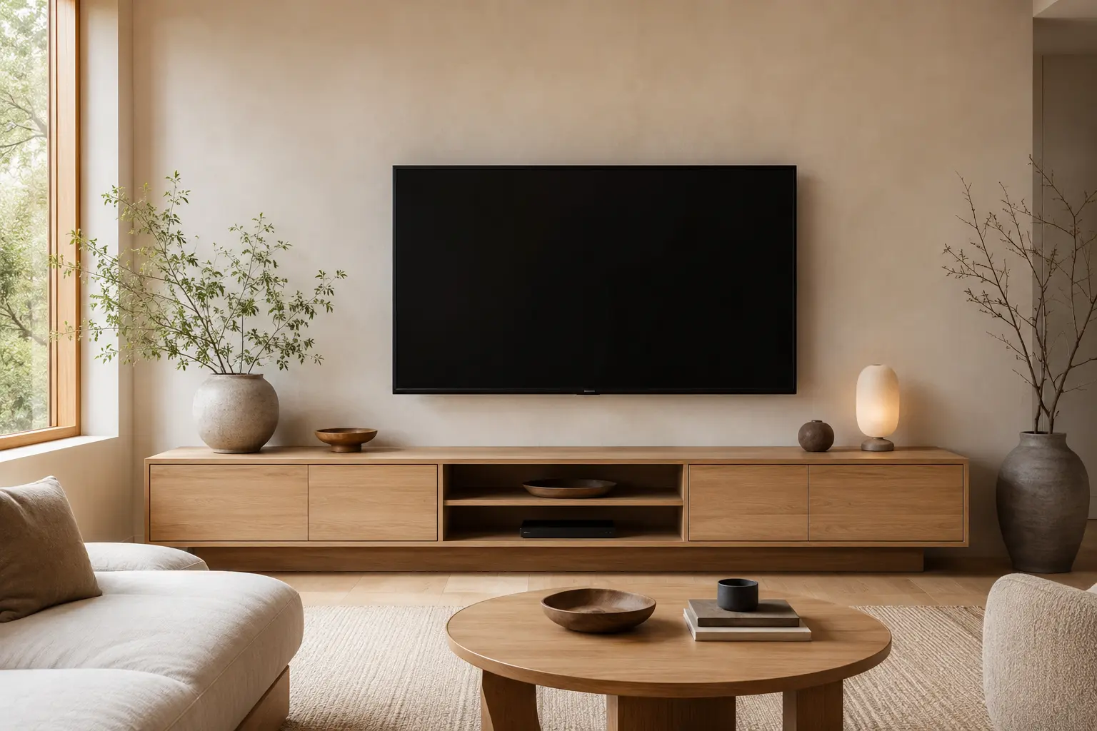 Wide wood media console sized proportionally to a large mounted television