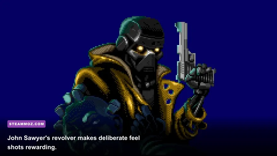 John Sawyer aiming his revolver during a Huntdown boss fight