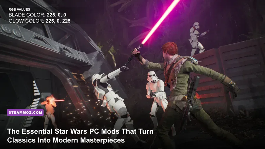 High-fidelity modded Star Wars PC game battle with modern lighting and textures