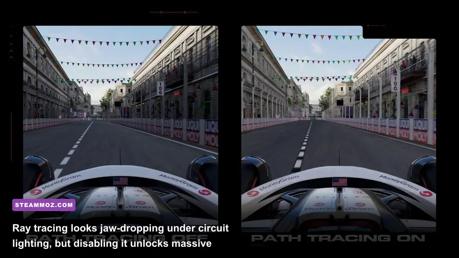 Wet race conditions at Singapore Marina Bay displaying ray traced reflections in F1 22
