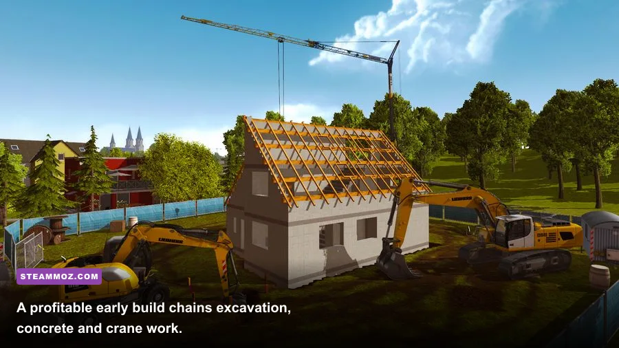 Foundation work using an excavator, concrete mixer and crane in Construction Simulator 2015
