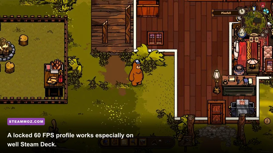 Bear and Breakfast running on Steam Deck with a resort management screen