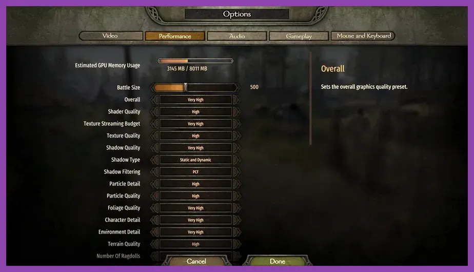 In-game graphics settings menu in Mount & Blade 2 Bannerlord