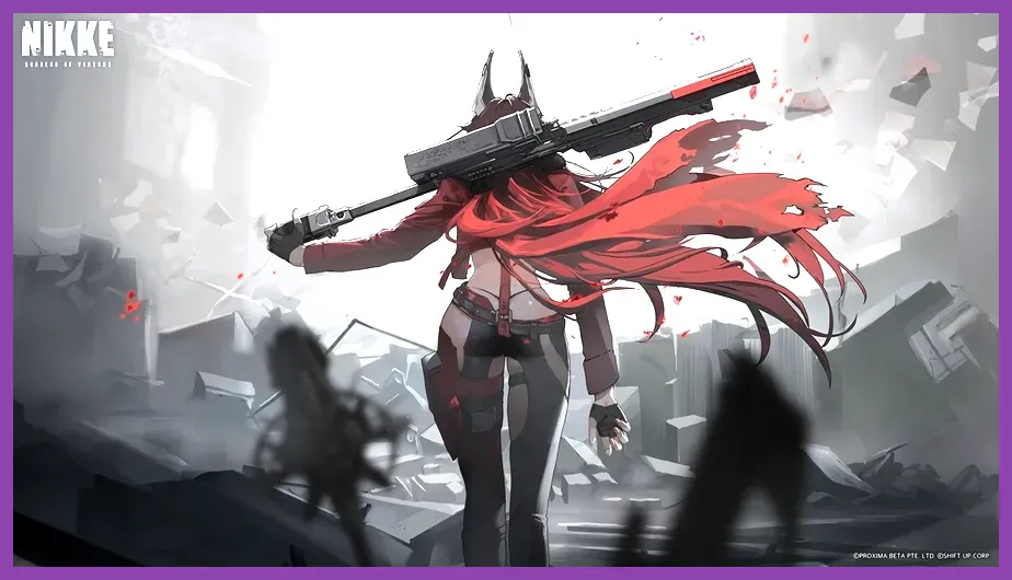 Red Hood and Modernia fighting alongside a Nikke squad in combat