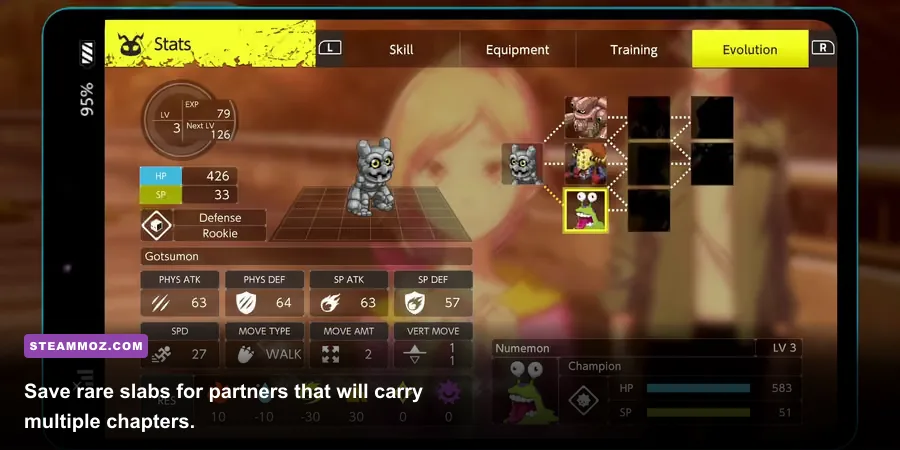 Digimon Survive evolution menu using an Enlightenment Slab to evolve a Digimon