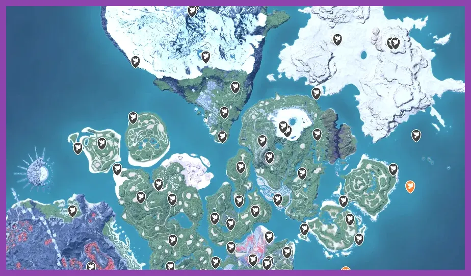 Palworld fast travel points map showing efficient gold farming routes