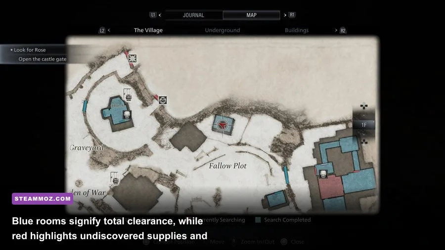 Resident Evil Village in-game map showing red and blue completion status