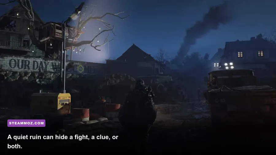Supernatural creatures stalking a ruined village in Hell Is Us