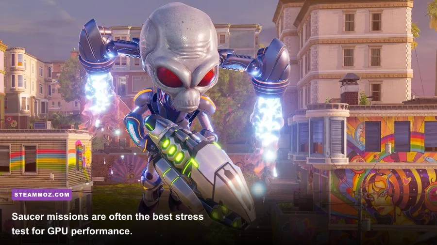 Destroy All Humans saucer flying over Rockwell gameplay screenshot