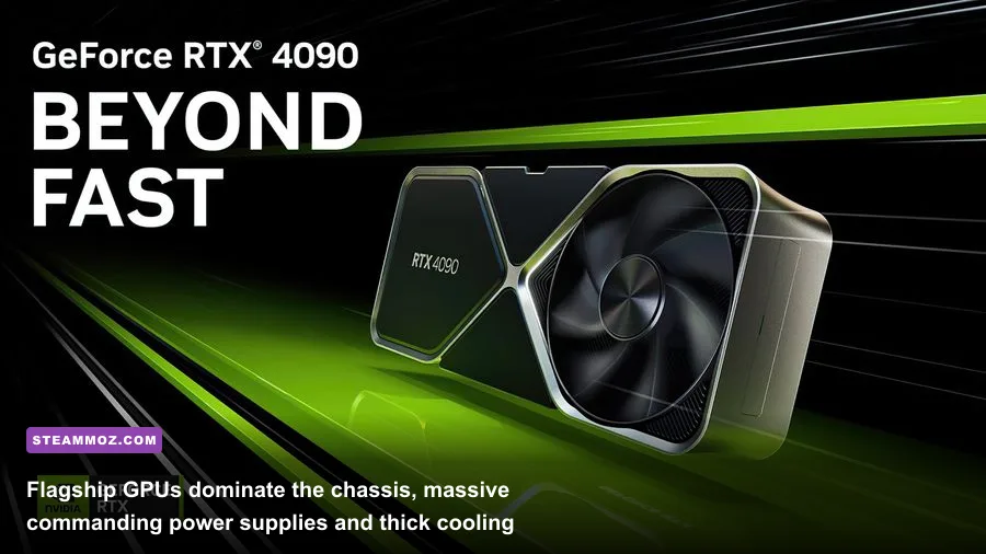 Massive flagship desktop graphics card resting on a PC hardware test bench