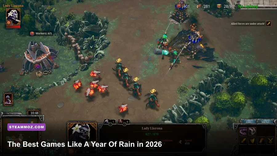 A Year Of Rain battlefield showing fantasy armies and fortified positions