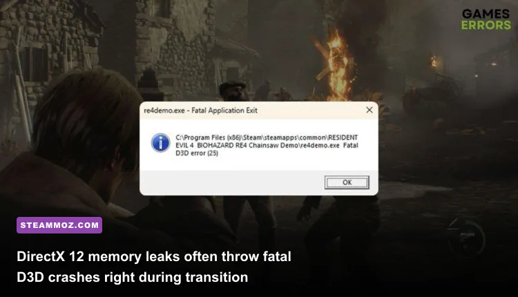 Resident Evil Village crash dialog showing fatal D3D DirectX error
