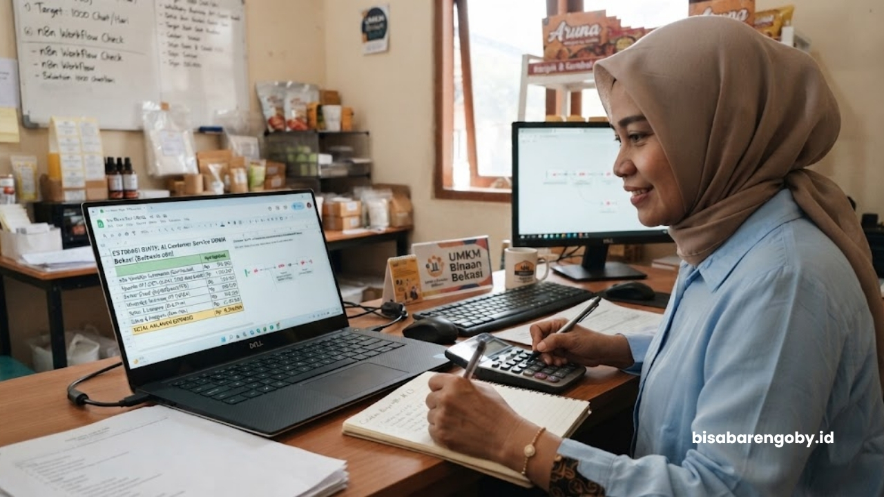 Pemilik bisnis menghitung estimasi biaya AI Customer Service untuk UMKM di Bekasi berbasis n8n