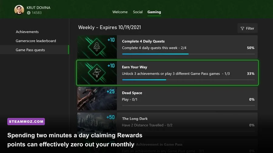 Microsoft Rewards app interface showing completed Game Pass quests and point totals