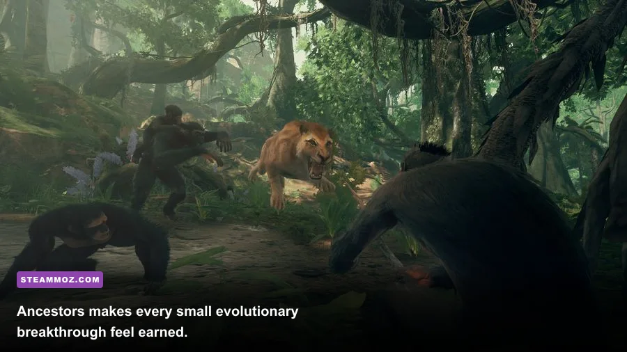 Early hominid exploring a dense jungle in Ancestors The Humankind Odyssey