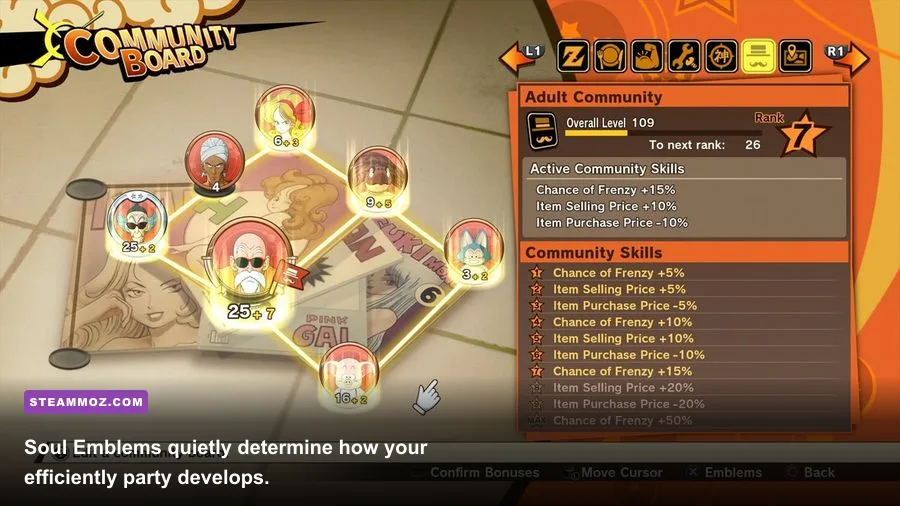 Community Board and Soul Emblems menu in DRAGON BALL Z KAKAROT