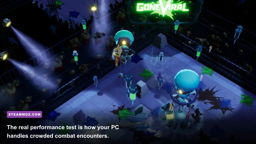 Gone Viral Steam gameplay with the player fighting enemies in a crowded arena