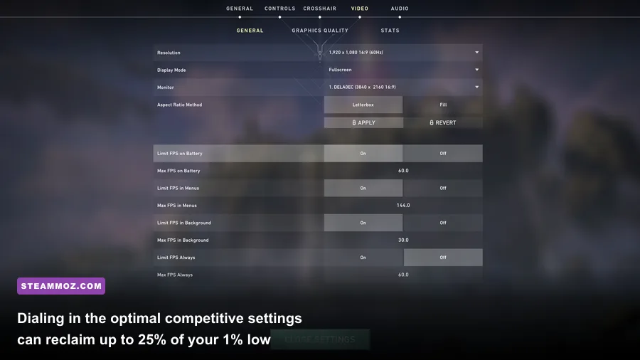 Valorant graphical settings configuration screen in the game client