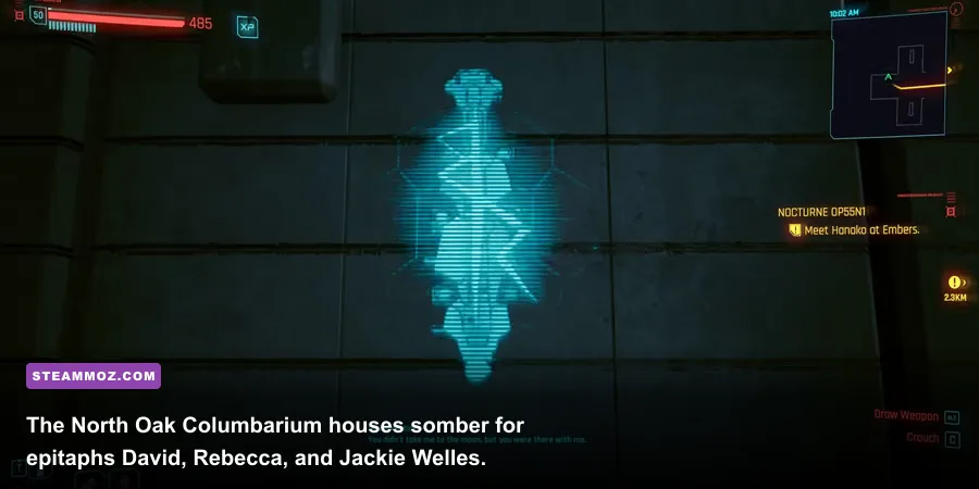 Holographic memorial niches at the North Oak Columbarium honoring Cyberpunk Edgerunners characters