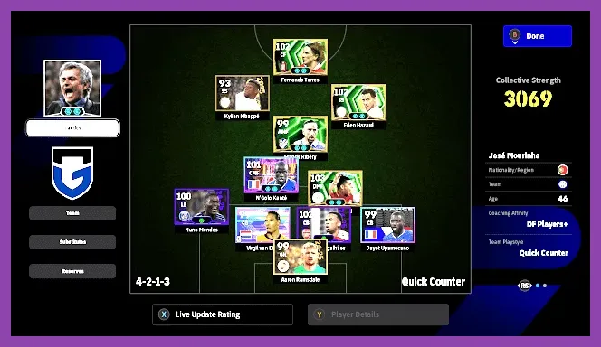 EFootball 2026 Mobile Quick Counter 4-2-1-3 formation on the tactics screen