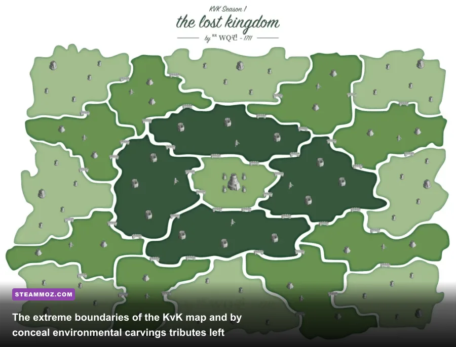 Ancient stone relief carvings and developer tribute markers along the perimeter of the Lost Kingdom map