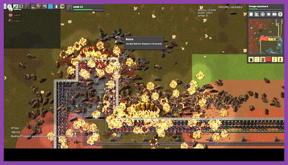 Factorio Spidertron launching explosive rockets at a large biter nest