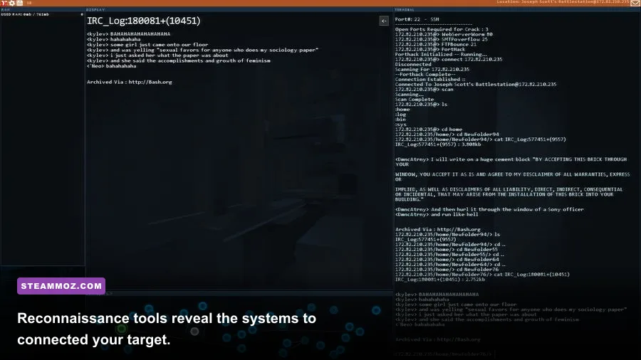 Hacknet gameplay showing terminal commands and network reconnaissance tools