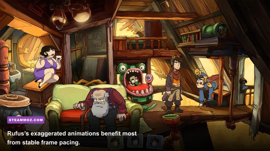 Rufus exploring a detailed location in Goodbye Deponia