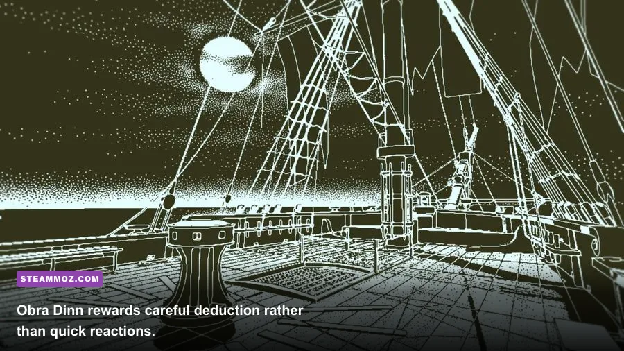 Return of the Obra Dinn investigator examining the abandoned ship in black and white