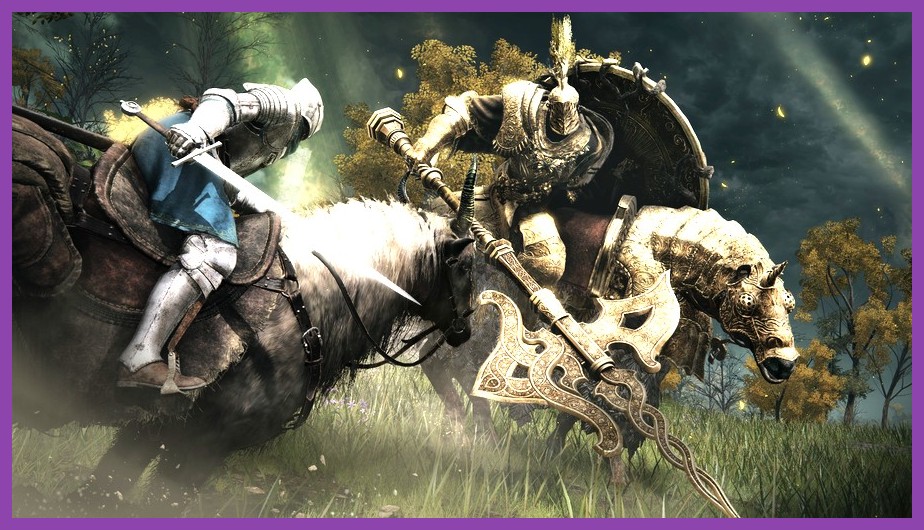 Player confronting the Tree Sentinel boss in Limgrave open world in Elden Ring
