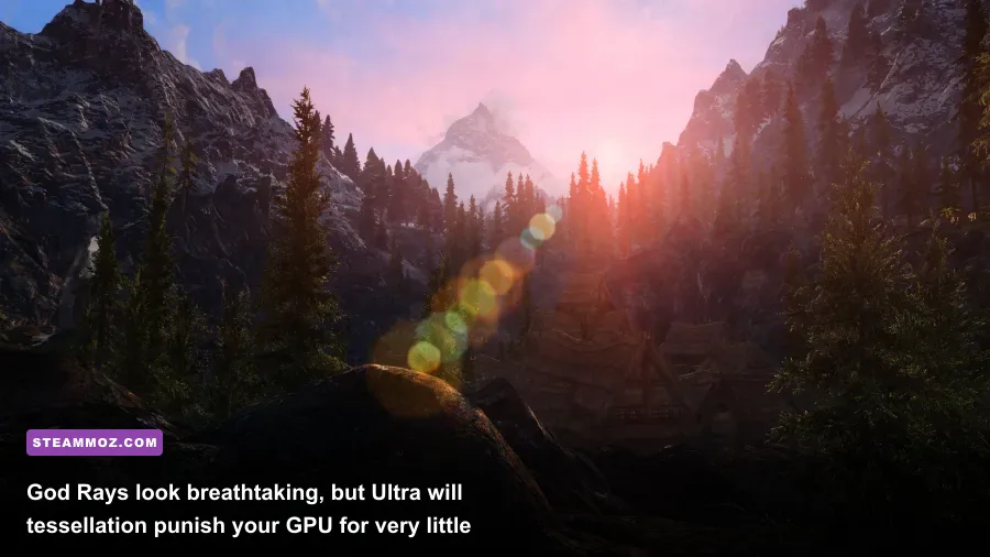 Volumetric god rays filtering through forest pine trees in Falkreath Skyrim