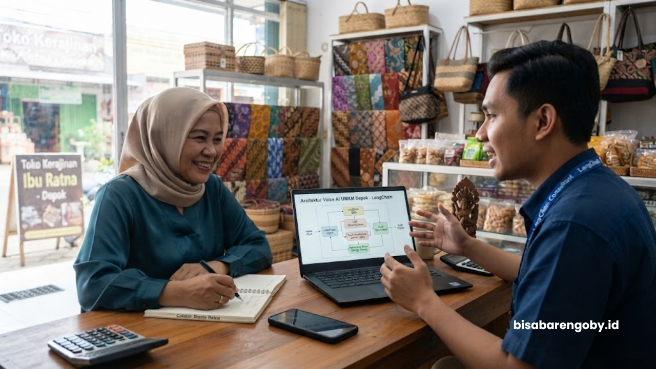 Pemilik bisnis berdiskusi dengan konsultan Voice AI untuk UMKM di Depok berbasis LangChain