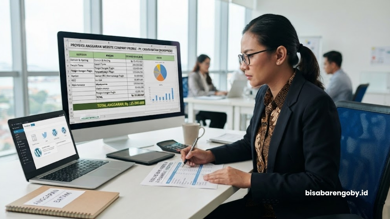 Manajer pengadaan memproyeksikan anggaran saat menghitung harga website company profile untuk perusahaan di Batam berbasis WordPress