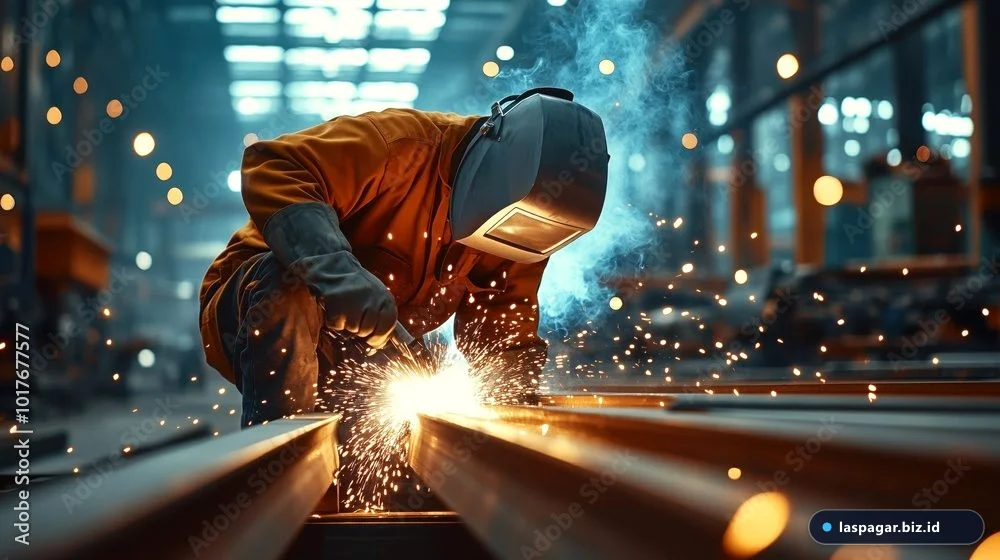 Pengerjaan teralis jendela oleh tukang las profesional di bengkel fabrikasi