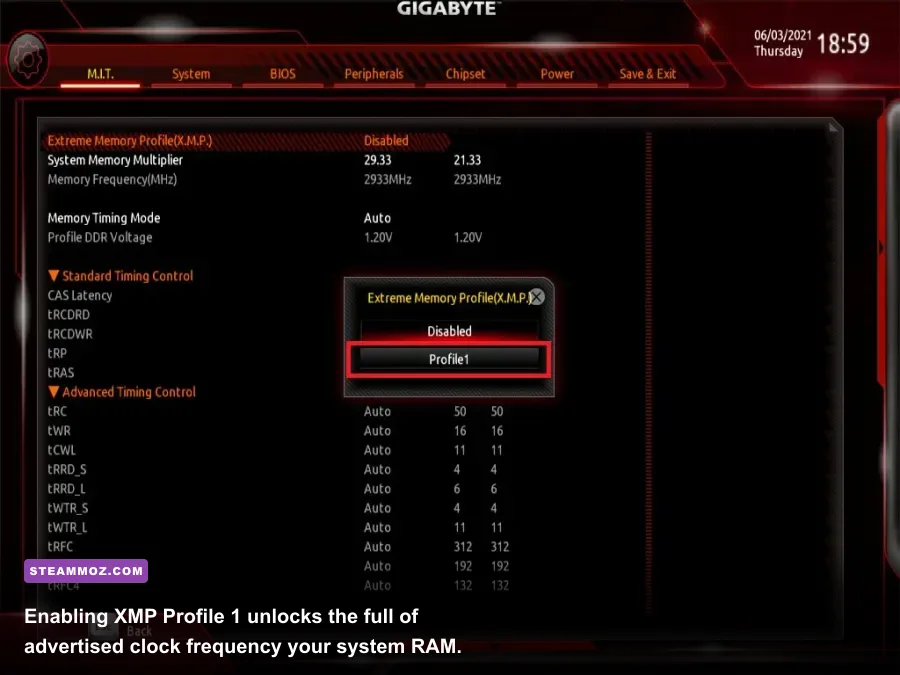 Motherboard BIOS interface showing Intel Extreme Memory Profile XMP toggle