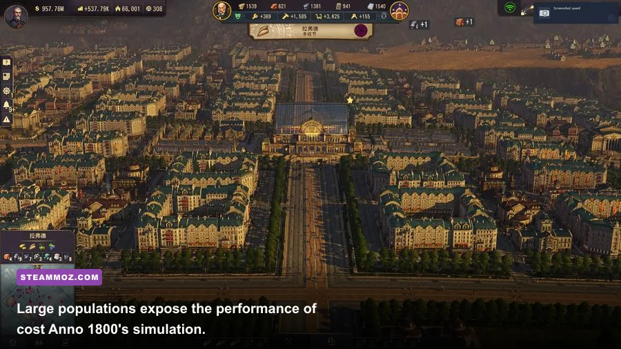 A dense late-game Anno 1800 metropolis rendered on PC at high settings