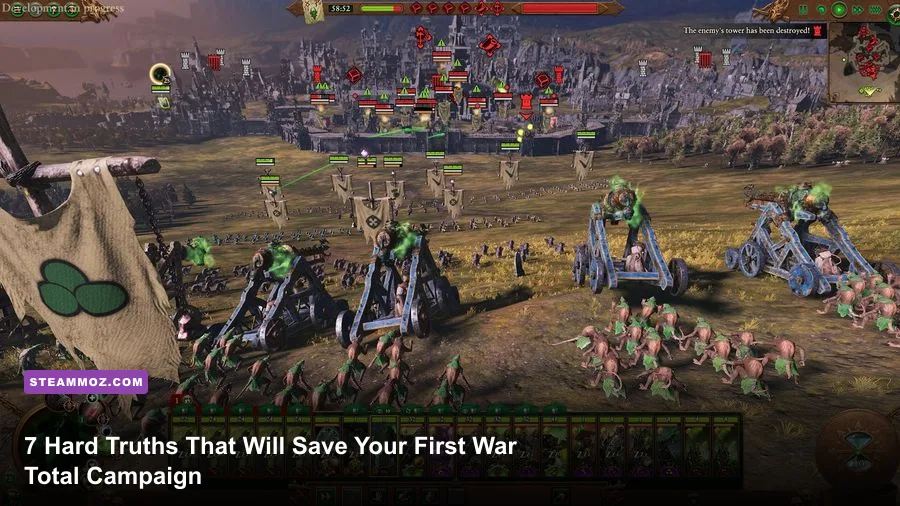 Two massive armies clashing on an open battlefield in Total War Warhammer 3