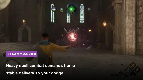 Fast-paced spell combat with particle effects in Hogwarts Legacy