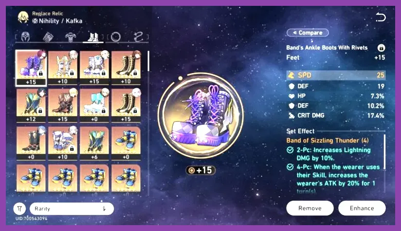 Honkai Star Rail relic menu displaying stat breakdowns and set bonuses