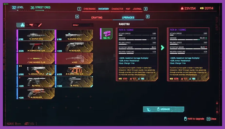 Weapon upgrade interface in Cyberpunk 2077 Phantom Liberty