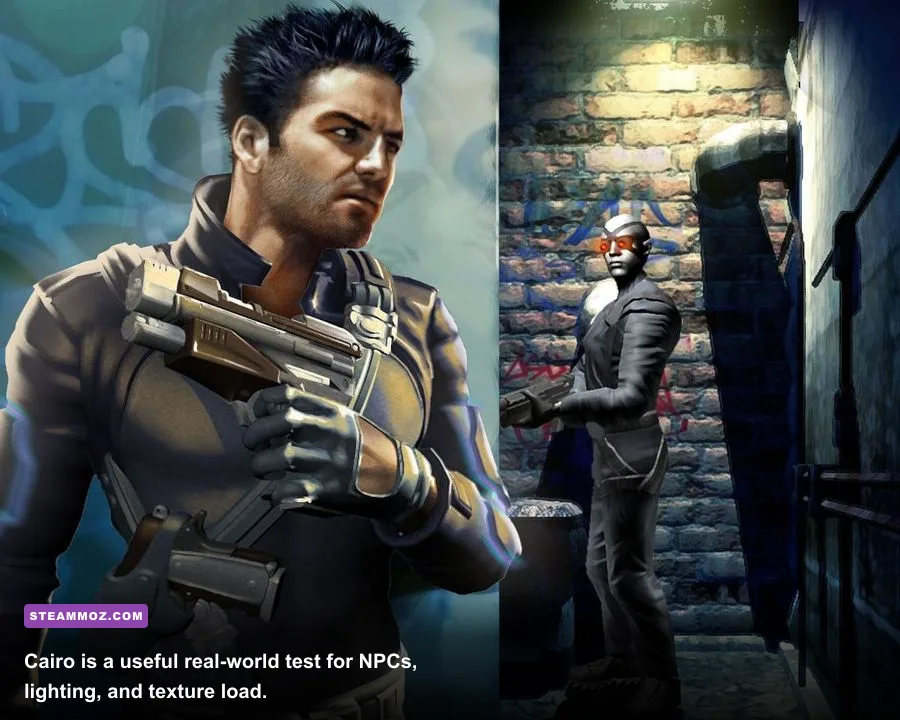 Deus Ex Invisible War Cairo marketplace gameplay with NPCs and neon lighting