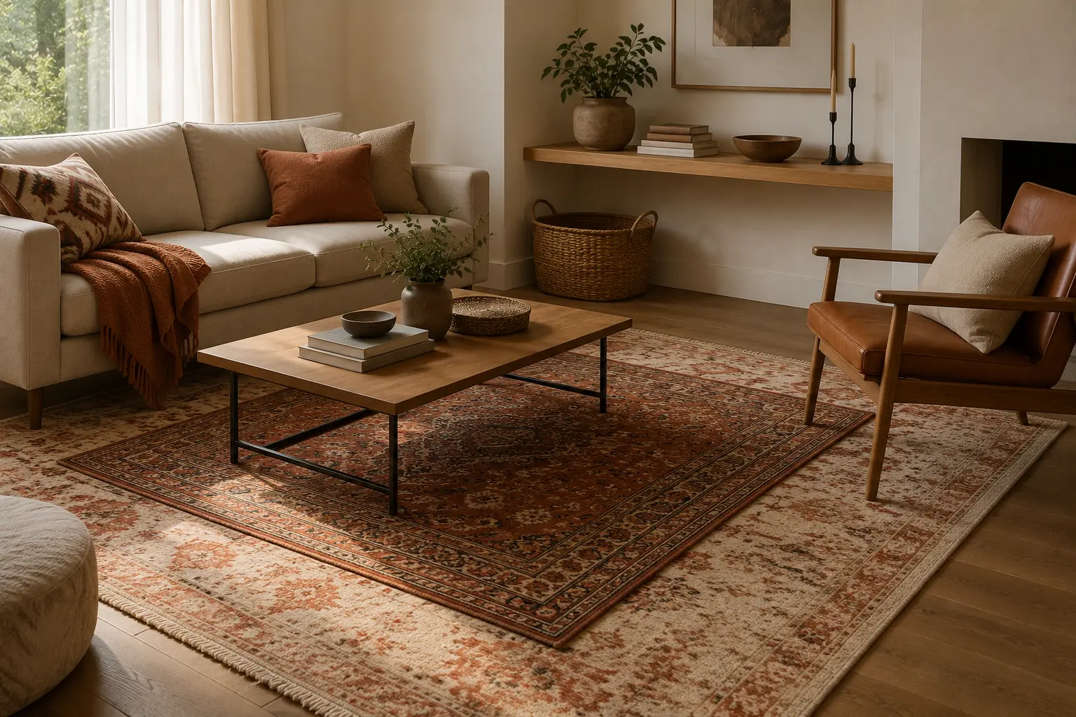 patterned accent rug layered over neutral base rug in living room