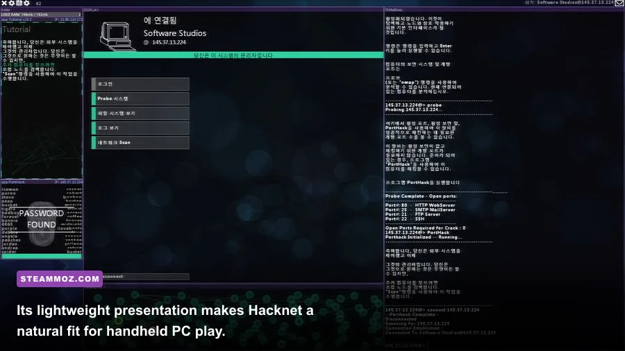 Hacknet running on Steam Deck with its terminal interface visible