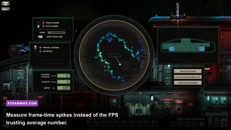 Barotrauma gameplay with a PC performance overlay showing frame rate