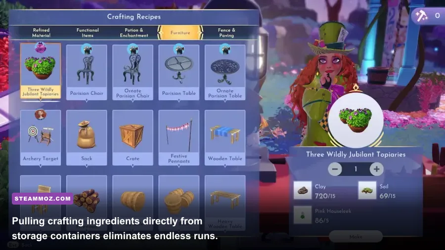 Player character accessing crafting station with full storage boxes in Disney Dreamlight Valley