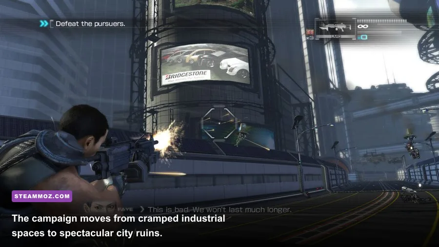 Binary Domain Tokyo underground mission with ruined futuristic architecture