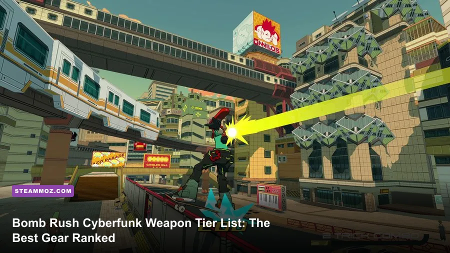 Red skating through a neon graffiti-covered city in Bomb Rush Cyberfunk